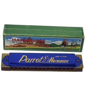 VTG Parrot Harmonica 16 Holes Blue Gold Metal Wind Instrument with Original Box